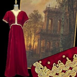 VINTAGE Renaissance medieval velvet gown formal dress empire waist gold lace 70s